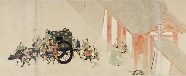 Illustreret fortælling om borgerkrigen, det kejserlige besøg i Rokuhara (Illustreret fortælling om borgerkrigen, Det kejserlige besøg i Rokuhara) - Anonymt værk, akvarel og blæk på papir, anden rulle