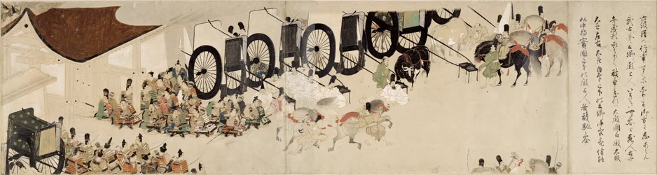 Illustreret historie om Heijis oprør (1159-1160) (Visite imperiale a Rokuhara) (Illustreret fortælling om borgerkrigen, Det kejserlige besøg i Rokuhara) - Anonymt værk, akvarel og blæk på papir, sjette rulle