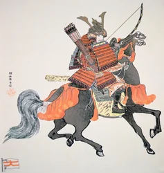 Samurai fra det gamle Japan bevæbnet med bue og pile (farve litho)