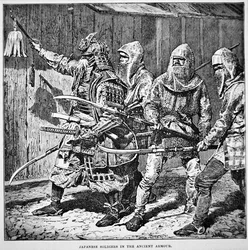 Samurai fra det gamle Japan leder almindelige soldater i ringbrynje bevæbnet med stangvåben (litho)