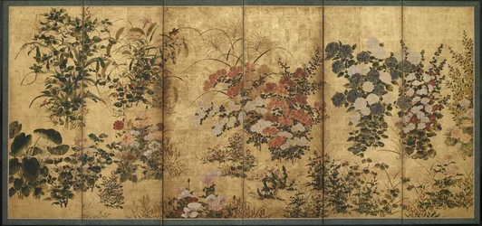 Sommer- og efterårsblomster, Edo-periode (farve over guld på papir)