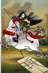Tomoe, en modig kvindekriger fra Japan under Genji- og Heishi-perioderne (farve litho)