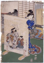 Kvinde står bag Tsuitate med maleri S. "Kunisada" (farvetræsnit)