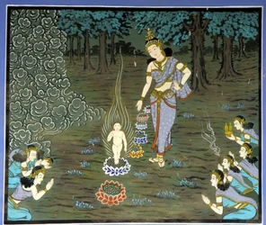Buddhas fødsel. Fresco i Yongju-templet, Suwon-regionen, Korea.