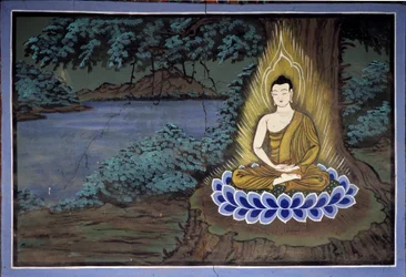Buddha-meditation: Fresco ved Yongju-templet, Suwon-regionen, Korea