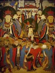 Buddha og bodhisattva ledsaget af deres vogtere, rullemaleri, Joseon-perioden (1392-1896), Korea. Koreas Nationalmuseum, Seoul, Republikken Korea