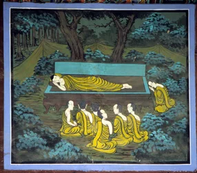Buddha og hans disciple. Fresco i Yongju-templet, Suwon-regionen, Korea.