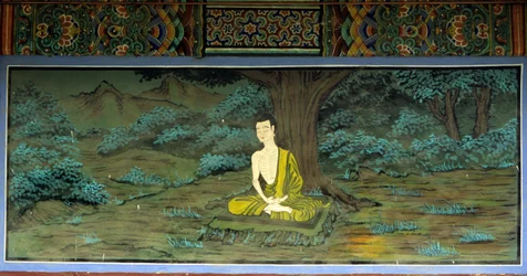 Buddha i meditation. Fresco i Yongju-templet, Suwon-regionen, Korea.