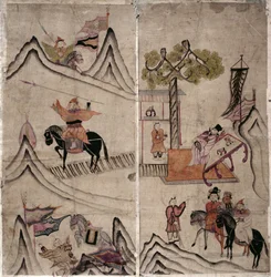 To paneler af et ottefoldigt lærred, der forestiller "En historie om tre kongeriger" (naturlige pigmenter på papir)