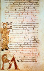Sankt Matthæus; bogstavet M (hovedet for løven af Sankt Markus). Side i "" Sacramentary of Gellone", folio 42. Oplyst af David, v. 790, Frankrig, Meaux eller Cambrai. BN, Paris