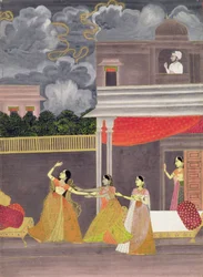 En dame hentet ind fra en storm om natten: illustration fra den musikalske mode Madhu Madhavi, ca. 1760 (gouache på papir)