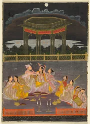 En prins, der fejrer Holi med paladskvinder på en terrasse om natten; verso: kalligrafi af et kvad, ca. 1760 (ugennemsigtig akvarel og guld på papir (recto); blæk på papir, fire linjer persisk poesi (verso))