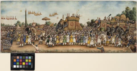 Akbar Shah II rider på en elefant i en enorm procession, ca. 1835 (ugennemsigtig akvarel og guld på elfenben)