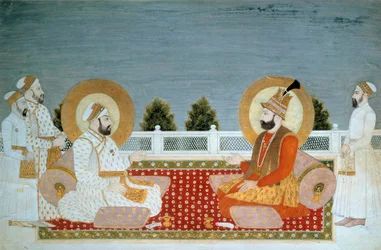 Indisk kunst: "" Repræsentation af Mohammed Shah (1702-1748) indisk kejser og Nadir Shah (1688-1747), Shah af Iran"" Miniature of the Mughole School, Muhammad Shah (1526-1858 A.D.), søn. 0,21x0,31 m - Paris, Musee Guimet, Musee national des Arts Asians - M