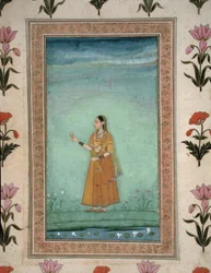Dame med frugt, stående ved en liljedam, fra Small Clive Album, ca. 1600 (ugennemsigtig akvarel på papir)