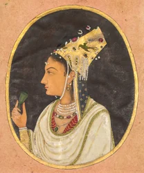 Ovalt portræt af en kvinde i en Chaghtai-hat, ca. 1740-50 (ugennemsigtig akvarel og guld på papir)