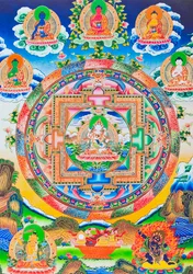 Vajrasattva, Mandala, der skildrer den selvskabte tantriske Buddha uden nogen begyndelse eller ende i en evig omfavnelse med prajna visdom (gouache på klæde)