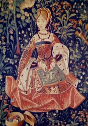 Ophængning af seigneurialt liv: Broderi. Detalje. Uld og silketæppe lavet omkring 1520 i Holland. Paris, Nationalmuseet for middelalderen, Thermes de Cluny
