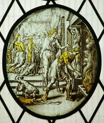 Roundel: Tobias brænder fiskens lever (farvet glas)