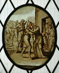 Roundel: Tobias vender tilbage til Sarah (farvet glas)