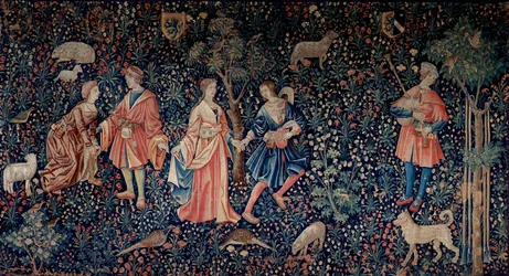 Gardinet af Lordship Life: en galante scene. Uld og silketæppe lavet omkring 1520 i Holland. Søn 2,6x3,7 m Paris, middelalderens nationalmuseum, Thermes de Cluny