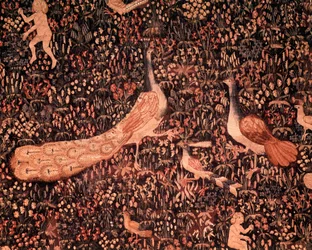 Forhænget til det herskabelige liv: detalje med fugle og påfugl. Uld- og silketapet fremstillet omkring 1520 i Nederlandene. 2,6 x 3,7 m, Paris, Nationalmuseet for Middelalderen, Thermes de Cluny