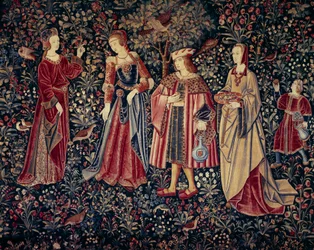 Gardinet for Seigneuriale Life: gåturen Tapet af uld og silke lavet omkring 1520 i Holland. Søn 2,6x3,7 m Paris, middelalderens nationalmuseum, Thermes de Cluny