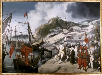 OTTOMAN EMPIRE: Sultan Mehmet Erobrerens skibes udsejling til Det Gyldne Horn under... (olie på lærred)