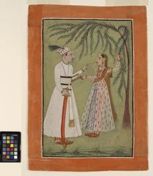 En lineal, der trækker en hårlok af en dame, der holder fast i et træ, ca. 1705 (ugennemsigtig akvarel og guld på papir)