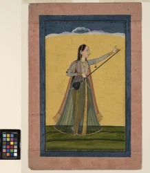En kvinde stemmer sin tambura, ca. 1740 (ugennemsigtig akvarel på papir)
