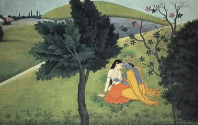Krishna smykker Radhas bryst, fra serien „Gita Govinda“, tilskrevet enten Kushala eller Gaudhu, Kangra, Himachal Pradesh, ca. 1780