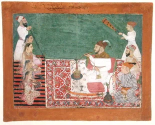 Rajah Deep Chand og venner ryger vandpibe, Bijapur, ca. 1760 (gouache på papir)