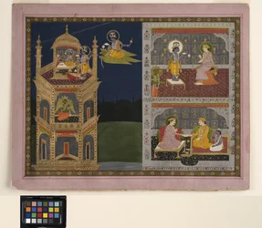 Vishnu nærmer sig et gyldent tårn på Garuda, ca. 1825 (ugennemsigtig akvarel og guld på papir)