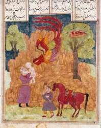 Islamisk kunst: Den fabelagtige fugl Simurgh, der ligner føniksen, bærer Zal, søn af kong Siyam, som blev forladt i bjergene, fordi han ikke er albino. Persisk miniature fra et manuskript til det episke digt «Shahnameh» (Shah Nama, Shahnama), Kongernes Bog