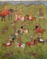 Islamisk kunst: kampscene. Persisk miniature fra et manuskript af det episke digt »Shahnameh« (Shah Nama, Shahnama) (Kongernes Bog) af Ferdowsi (Firdawsi, Ferdawsi eller Firdousi, ca. 940-omkring 1020). Biblioteca Nazionale, Napoli