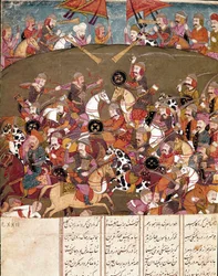 Islamisk kunst: kampscene. Persisk miniature fra et manuskript af det episke digt "Shahnameh"" (Shah Nama, Shahnama) (Kongenes Bog) af Ferdowsi (Firdawsi, eller Ferdawsi, eller Firdousi, ca. 940-omkring 1020) Biblioteca Nazionale Naples