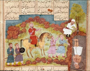 Islamisk kunst: scene for tortur af en fjende, levende begravet ved foden af et træ. Persisk miniature fra et manuskript af det episke digt "Shahnameh"" (Shah Nama, Shahnama) (Kongenes Bog) af Ferdowsi (Firdawsi eller Ferdawsi eller Firdousi, ca. 940-omkri