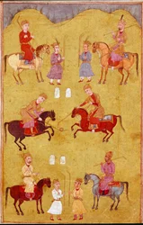 Islamisk kunst: polokampen. Persisk miniature fra et manuskript med det episke digt »Shahnameh« (Shah Nama, Shahnama) (Kongernes Bog) af Ferdowsi (Firdawsi, Ferdawsi eller Firdousi, ca. 940 til omkring 1020), Biblioteca Nazionale, Napoli