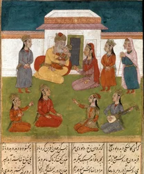 Persisk miniatureharemsscene fra et manuskript af det episke digt "" Shahnameh"" (Shah Nama, Shahnama) (Kongenes Bog) af Ferdowsi (Firdawsi eller Ferdawsi eller Firdousi, ca. 940-omkring 1020) Biblioteca Nazionale Naples