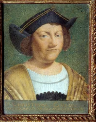 Portræt af navigatøren Christopher Columbus (1451-1506) Maleri på velinpapir fra den portugisiske skole