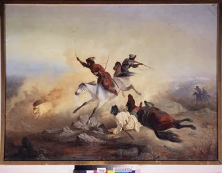 Rovdyrsangreb. Kamp og forfølgelse på hesteryg i bjergene i Dagestan (Daghestan), mellem den russiske hær og de kaukasiske krigere, mellem 1830 og 1860. Maleri af en russisk mester, olie på lærred. russisk kunst