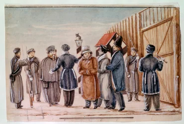 Decembrists tager af sted for at gå til Tcheta-fængslet. Decembrists (eller Decabrists) var gerningsmændene til kupforsøget i Skt. Petersborg den 14. december 1825 for at opnå en moderne forfatning fra regimet. Akvarel af 1827 Moskva, Pushki