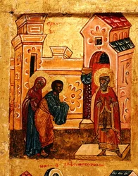 Ikon, der forestiller Joachim og Anna, der besøger templet i Jerusalem, ca. 1550 (tempera & bladguld på panel) (detalje af 314500)
