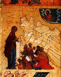 Ikon, der skildrer Jomfruens mirakuløse tilsynekomst til prins Andrei Bogolyubsky i 1155, ca. 1550 (tempera & bladguld på panel) (detalje af 314500)