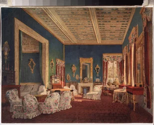 Interiør af Denezhnikovo palæ. Maleri af en russisk mester, olie på lærred, midten af ​​1800-tallet. russisk kunst. Museum for historie og kunst, Ramenskoye (Rusland).
