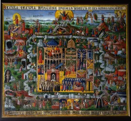 Jerusalem (Israel). Repræsentation af byen i Det Hellige Land med stederne for Jesu liv fra Nazareth som beskrevet i Bibelen (opstigning til templet, lidenskab, korsfæstelse og opstandelse) samt Den Hellige Gravs Kirke (eller Basilica of the Path). R
