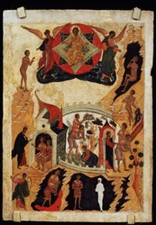 ""Lignelsen om de lamme og blinde"" Russisk ikon. Maleri på træ omkring 1550. Statens Russiske Museum Sankt Petersborg
