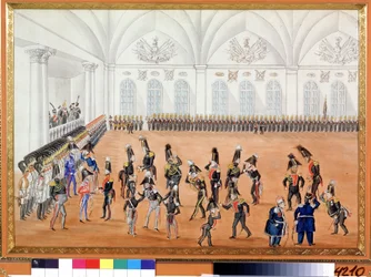 Vagtparaden. Anonymt maleri. Akvarel på papir, ca. 1820. Russisk kunst, satire. A. Pushkin Memorial Museum, Sankt Petersborg.