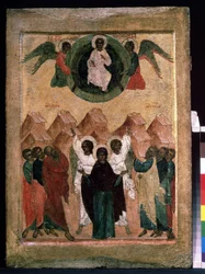 ""Kristi Himmelfart"" Russisk ikon. Maleri på træ fra begyndelsen af ​​1500-tallet. Regionalt Kunstmuseum, Arkhangelsk