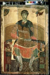 ""Den kristne martyr Sankt Demetrios af Thessalonika tronede"" Russisk ikon. Maleri på træ fra begyndelsen af ​​det 13. århundrede State Tretyakov Gallery, Moskva